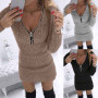Women Casual Solid Knit Dress Zipper V-neck Long Sleeve Slim Pullover Mini Dress Streetwear 2021 Winter Warm Party Sweater Dress