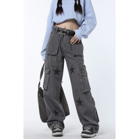 High Waist Women's Straight Baggy Denim Pants Wide Leg