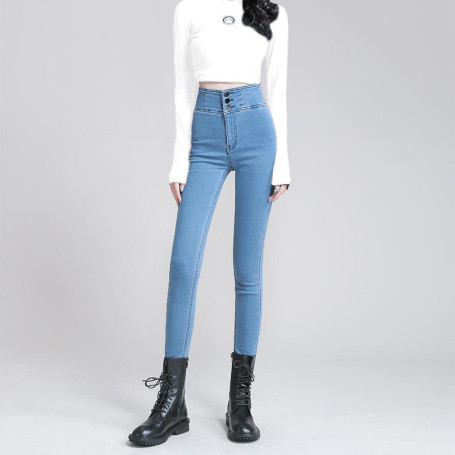 Women High Waist Skinny Jeans Streetwear Fashion Slim Trousers Denim Solid Button Casual Pencil Pants