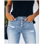 High Waist Women Casual Ripped Denim Jeans Streetwear Wash Blue Retro Trousers