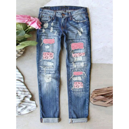 Women Cargo Wide Leg Pants Ripped Hole Plaid Patch Patchwork Long Jeans Denim Pants Trousers