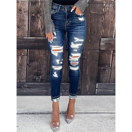 Women jeans Ripped High Waist Trousers Skinny Denim Jeans Hollow Bleached Long Pants Hollow Pencil Pants