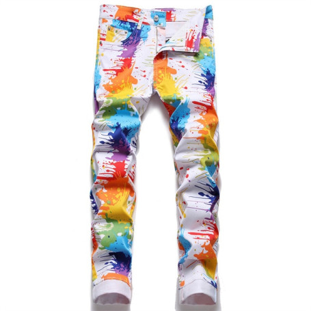 Print Brand Jeans Men's Straight Moto Biker Destroyed Vintage Denim Trousers