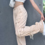 Women retro tooling pocket jeans long drawstring decoration straight-leg pants