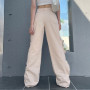 Women retro tooling pocket jeans long drawstring decoration straight-leg pants