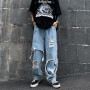 Men casual jeans new Korean version ins high waist ripped jeans loose straight wide leg pants