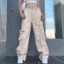 Women retro tooling pocket jeans long drawstring decoration straight-leg pants