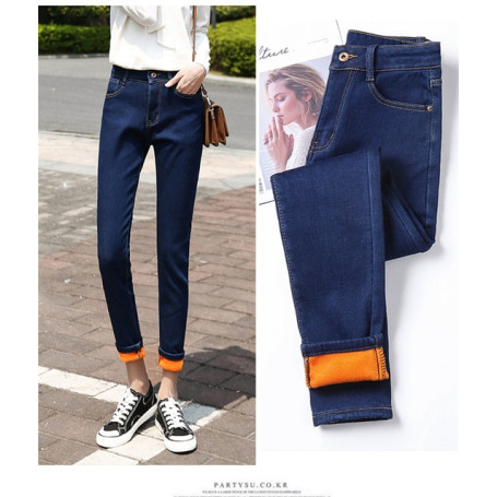 Women Thermal Jeans Stretch High Waist Plush Warm Oversized Jeans Skinny Pants