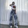 Print High Waisted Street Vintage Hip Hop Baggy Jeans Women Clothing Casual Straight Wide Leg Women Jeans Pants