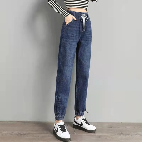 S-3xl Drawstring Ankle-length Loose Jogger Jeans Women Solid Color Streetwear Scratch All-match Elastic Denim Pants
