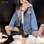 Lamb Fleece Denim Jacket Harajuku Turn-down Collar Single-breasted Women Clothing Loose Warm Streetwear