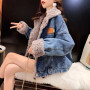 Lamb Fleece Denim Jacket Harajuku Turn-down Collar Single-breasted Women Clothing Loose Warm Streetwear