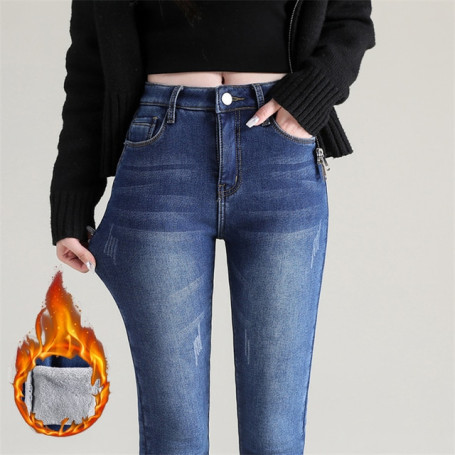 Women Thermal Jeans Denim Skinny Stretch Jeans Oversized High Waist Plush Lamb Fleece Pencil Trousers