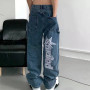 New letter embroidery jeans women's street retro wild oversized wide-leg pants lovers loose trend casual high-waist pants