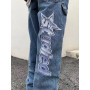 New letter embroidery jeans women's street retro wild oversized wide-leg pants lovers loose trend casual high-waist pants