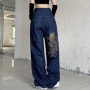 American retro street loose embroidered straight-leg jeans women new casual all-match high-waist mopping wide-leg trousers