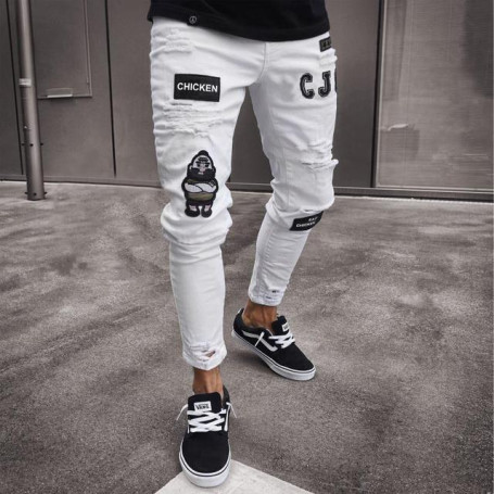 Fashion Men Ripped Skinny Stretch Patchwork jeans Grid Beggar Patches Slim Fit Denim Pencil Pants Painting Jean