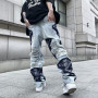 Fashion Streetwear Men and Women Washed Knife Cut Damaged Patch Ripped Jeans Stitching Straight Loose Wide Leg Pant