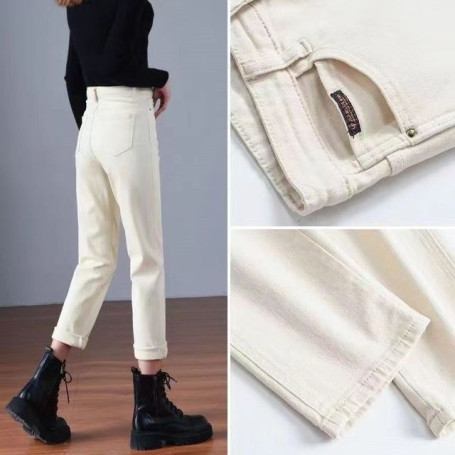 New Plus Velvet Women Jeans Button High Waist Solid Pants Pockets Thicken Fashion Casual Straight Trousers