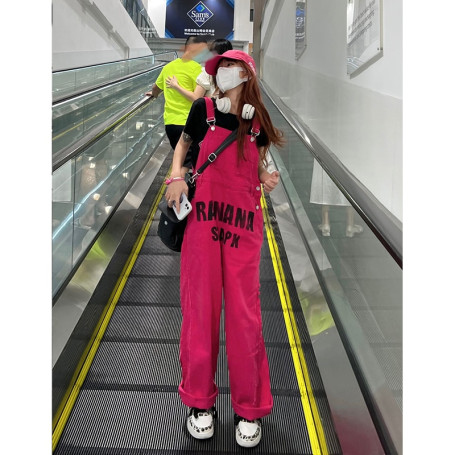 Women's Rose Red Vintage Suspender Jeans Baggy Pocket Printing Straight Pants Casual Wide Leg Denim Trouser