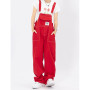 Women's Red Vintage Suspender Jeans Fashion Pocket Baggy Wide Leg Pants Streetwear Casual Straight Denim Trouser