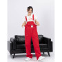 Women's Red Vintage Suspender Jeans Fashion Pocket Baggy Wide Leg Pants Streetwear Casual Straight Denim Trouser