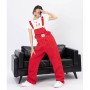 Women's Red Vintage Suspender Jeans Fashion Pocket Baggy Wide Leg Pants Streetwear Casual Straight Denim Trouser