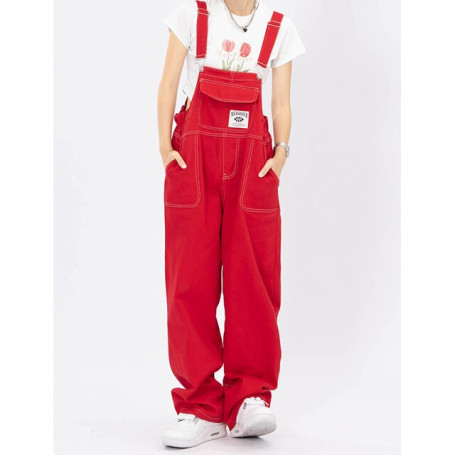 Women's Red Vintage Suspender Jeans Fashion Pocket Baggy Wide Leg Pants Streetwear Casual Straight Denim Trouser