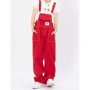 Women's Red Vintage Suspender Jeans Fashion Pocket Baggy Wide Leg Pants Streetwear Casual Straight Denim Trouser