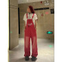 High Street Pink Vintage Suspender Jeans Fashion Pocket Straight Pants Streetwear Casual Wide Leg Denim Trouser