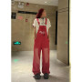 High Street Pink Vintage Suspender Jeans Fashion Pocket Straight Pants Streetwear Casual Wide Leg Denim Trouser