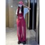 High Street Pink Vintage Suspender Jeans Fashion Pocket Straight Pants Streetwear Casual Wide Leg Denim Trouser