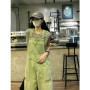 Women's Vintage Green Suspender Jeans Fashion Pocket Straight Wide Leg Pants Casual Baggy Mopping Denim Trouser