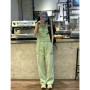 Women's Vintage Green Suspender Jeans Fashion Pocket Straight Wide Leg Pants Casual Baggy Mopping Denim Trouser