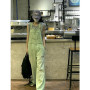 Women's Vintage Green Suspender Jeans Fashion Pocket Straight Wide Leg Pants Casual Baggy Mopping Denim Trouser