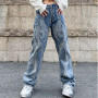 Vintage Flame Embroidered High Rise Jeans Women's Washed Old Loose Fit Jeans Casual Pants