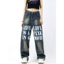 American Street Hot Stamping Jeans Woman Letter Contrast Jeans Ins High Street Design Women's Loose Straight Mopping Pants