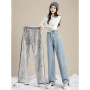 Women Warm Denim Trousers High Waist Casual Loose Pants Thick Velvet Cotton Wide Leg Jeans