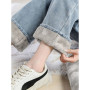 Women Warm Denim Trousers High Waist Casual Loose Pants Thick Velvet Cotton Wide Leg Jeans