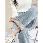 Women Warm Denim Trousers High Waist Casual Loose Pants Thick Velvet Cotton Wide Leg Jeans