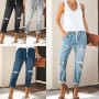 Side feel Women Pull-on Distressed Denim Jeans Elastic Waist Stretch Pants