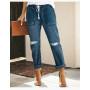 Side feel Women Pull-on Distressed Denim Jeans Elastic Waist Stretch Pants