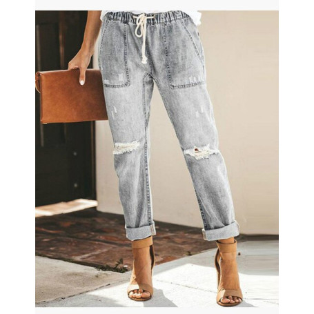 Side feel Women Pull-on Distressed Denim Jeans Elastic Waist Stretch Pants