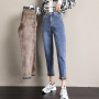 Women Fleece Jeans Fashion High Waist Button Street Harem Pants Warm Thick Ankle Length Design