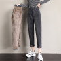 Women Fleece Jeans Fashion High Waist Button Street Harem Pants Warm Thick Ankle Length Design