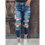 Hole High Waisted Denim Pants for Women Ripped Pockets Slim Pencil Casual Jeans