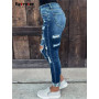 Hole High Waisted Denim Pants for Women Ripped Pockets Slim Pencil Casual Jeans