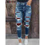 Hole High Waisted Denim Pants for Women Ripped Pockets Slim Pencil Casual Jeans