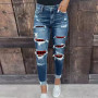 Hole High Waisted Denim Pants for Women Ripped Pockets Slim Pencil Casual Jeans