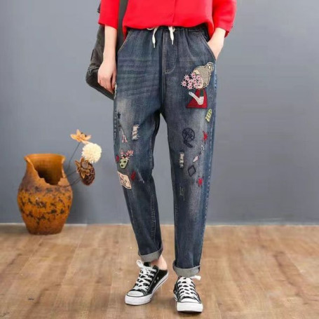 Oversized 5xl Embroider Cartoon Harem Jeans Spliced Ankle-Length Pants Women Vintage Denim Trousers Baggy